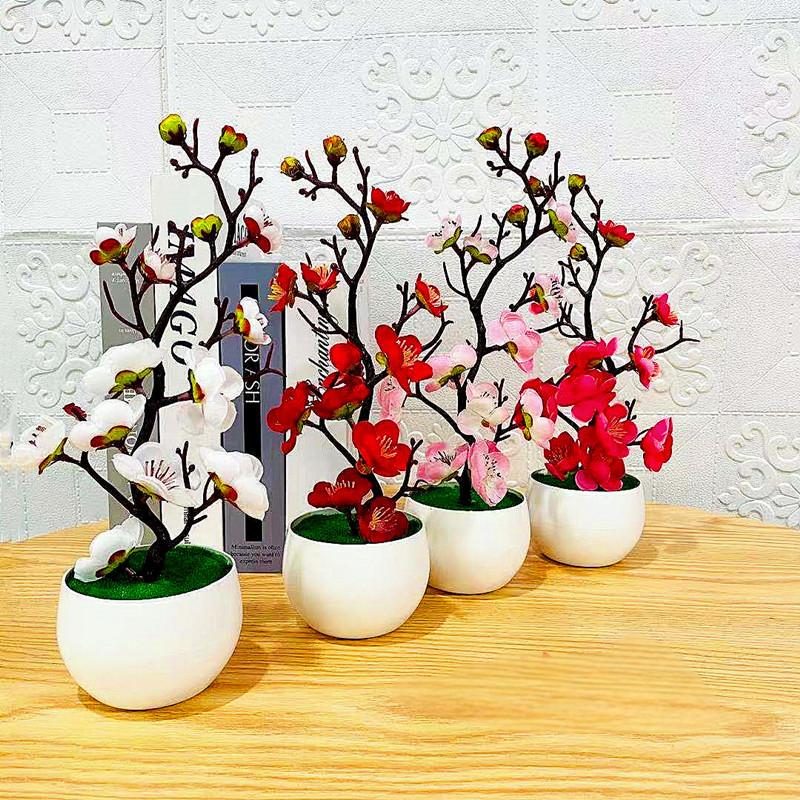 Home Office Layout - シミュレーション梅の花鉢植え人工プラスチック造花ホームオフィスデスクトップ装飾品結婚式パーティー背景装飾