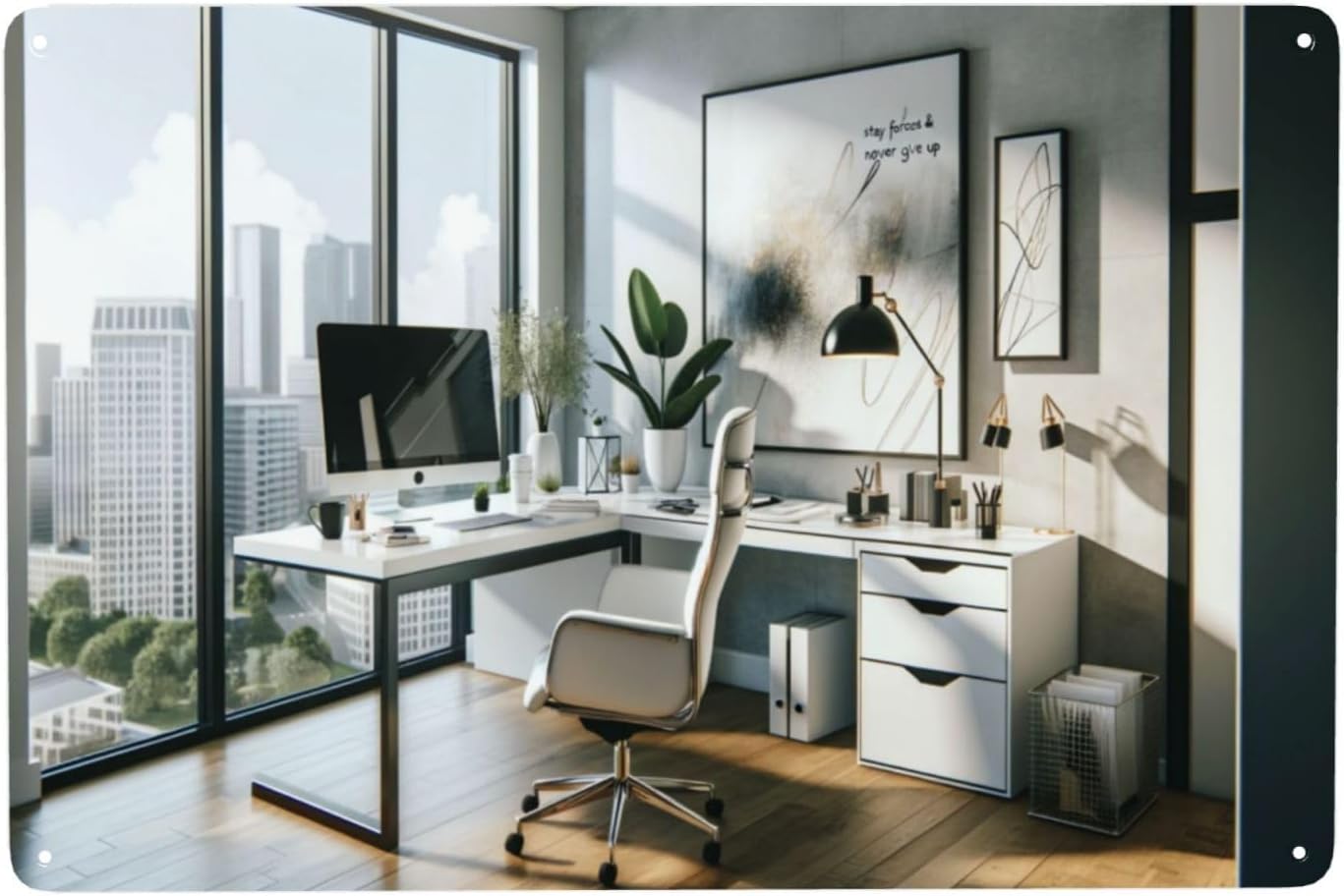 Home Office Room Inspiration - モダンでミニマルなデザインのオフィス用金属製サイン。壁掛けアートとして、ワークスペース、自宅のオフィス、書斎などに飾るのに最適な、インスピレーションを与えるインテリア。