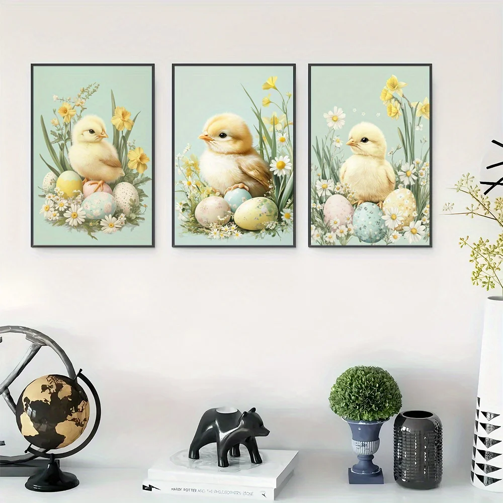 フレームなしの春の壁飾り3点セット - 子鶏と卵の花柄プリン - Home Office Or のレビューと価格